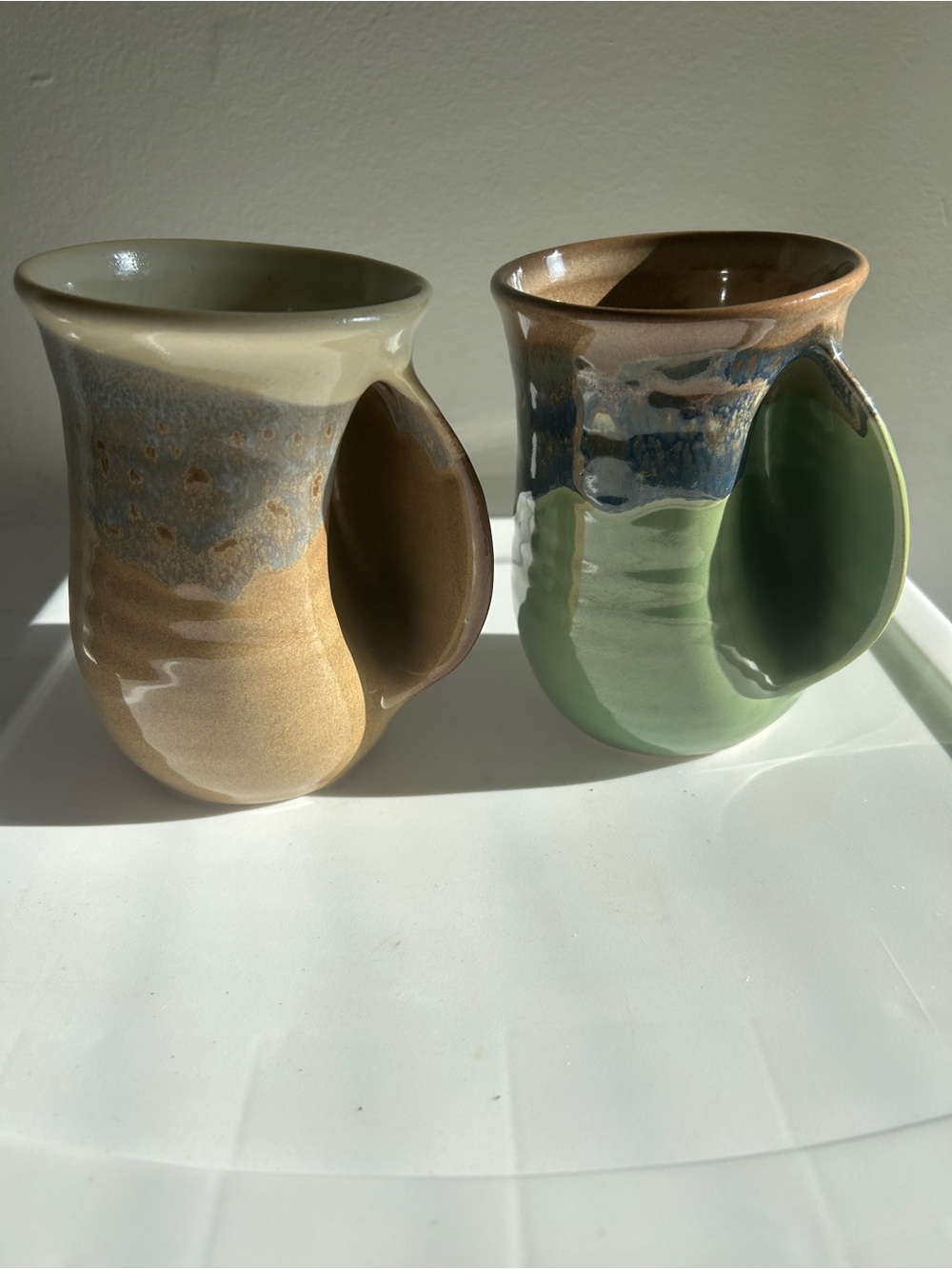 Handwarming Ceramic Mug Pair Green & Beige Glaze